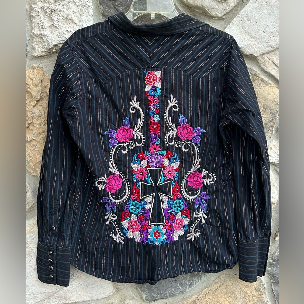 Panhandle Slim Womens Pearl Snap Western Shirt Sz L Embroidered Musician Rodeo